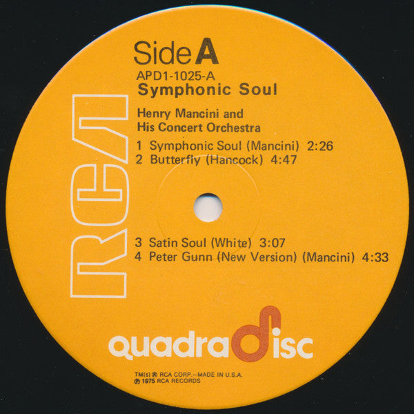 Image of Label Cover of LP - VG/VG - HENRY MANCINI, Symphonic Soul (RCA; APD1-1025, US 1975, Quadraphonic), ,  - 3326031E