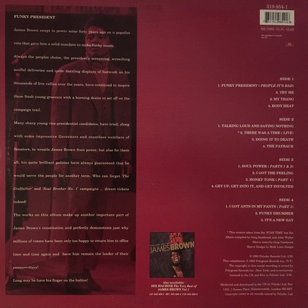 Image of Back Cover of 2xLP - VG/VG - JAMES BROWN, Funky President: The Very Best Of James Brown Vol 2 (Polydor Red Label; 519 854-1, UK 1993), ,  - 3326034E