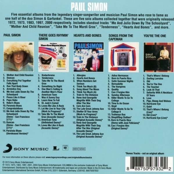Image of Back Cover of 5xCD - VG+/VG+ - PAUL SIMON, Original Album Classics (Sony Music; 88875097932, Europe 2015 Reissue), ,  - 3356005S