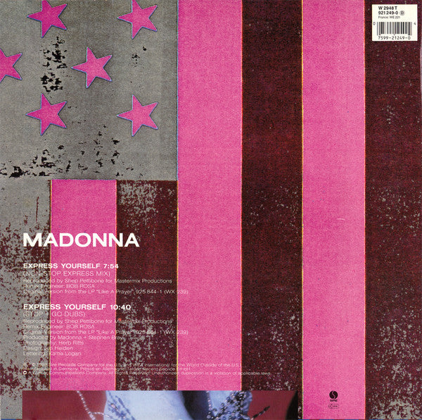 Image of Back Cover of 12" - VG/VG+ - MADONNA, Express Yourself (Sire; W 2948 T, Europe 1989, Picture Sleeve, Alsdorf Pressing), ,  - 3316036C