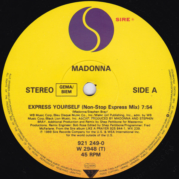 Image of Label Cover of 12" - VG/VG+ - MADONNA, Express Yourself (Sire; W 2948 T, Europe 1989, Picture Sleeve, Alsdorf Pressing), ,  - 3316036C