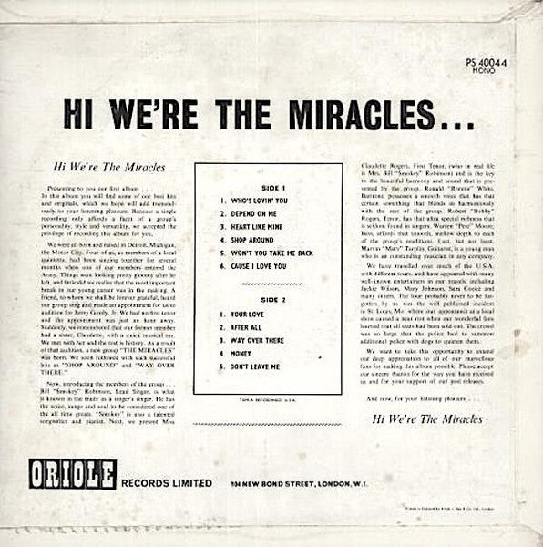 Image of Back Cover of LP - VG/VG - THE MIRACLES, Hi We're The Miracles (Oriole; PS 40044, UK 1963, Laminated Flipback Sleeve), Light hairlines and scuffs. Sleeve has edgewear, heavily bumped corners, some discolouration.,  - 3326040E