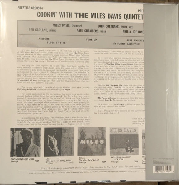 Image of Back Cover of LP - NEW/NEW - THE MILES DAVIS QUINTET, Cookin' With The Miles Davis Quintet (Craft Recordings; 7273572, UK 2026 Reissue, With Obi Strip, 180g Black Vinyl), , Original Jazz Classics celebrates Miles Davis  centennial with the release of Cookin' with the Miles Davis Quintet. Originally released on Prestige in 1957 and one of four albums recorded during sessions at Van Gelder studios, Cookin  features Davis alongside John Coltrane, Paul Chambers, Red Garland and Philly Joe Jones. This n