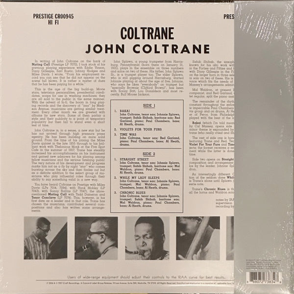 Image of Back Cover of LP - NEW/NEW - JOHN COLTRANE, Coltrane (Craft Recordings; 7273834, UK 2026 Reissue, With Obi Strip, 180g Black Vinyl), , Original Jazz Classics celebrates John Coltrane s centennial with this release of the mono edition of Coltrane. Originally released on Prestige in 1957 the album features Coltrane alongside Johnnie Splawn, Sahib Shihab, Red Garland, Mal Waldron, Paul Chambers, and Albert  Tootie  Heath. This new edition of the album is released on 180-gram vinyl pressed at RTI with 