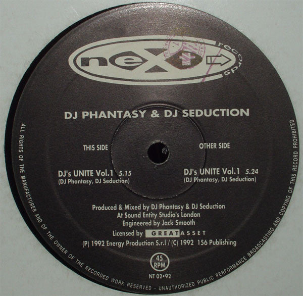 Image of Front Cover of 12" - /G+ - DJ PHANTASY & DJ SEDUCTION, DJ's Unite Vol.1 (Next Records; NT 002 92, Italy 1992), Superficial marks and light signs of fog, plays VG.,  - 3346054S