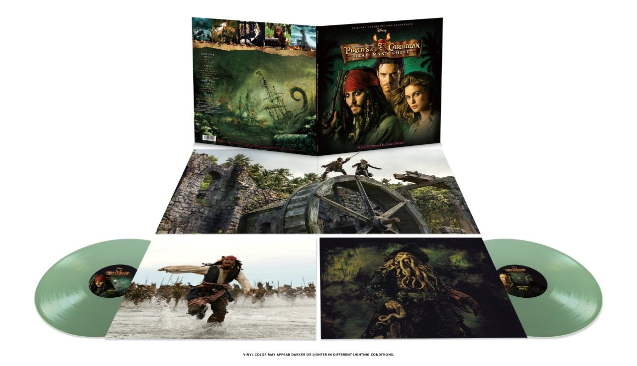 Image of Back Cover of 2xLP - NEW/NEW - HANS ZIMMER, Pirates of The Caribbean: Dead Man’s Chest (Disney; 8760500, UK 2026, Gatefold, Translucent Green Vinyl), , Set sail for adventure with Hans Zimmer’s epic score to Pirates of the Caribbean: Dead Man’s Chest. As Captain Jack Sparrow faces a deadly debt to Davy Jones and the terror of the Kraken, Zimmer’s powerful compositions bring every moment of danger, mystery, and swashbuckling action to life. Spanning two LPs, this expanded vinyl release captures the 