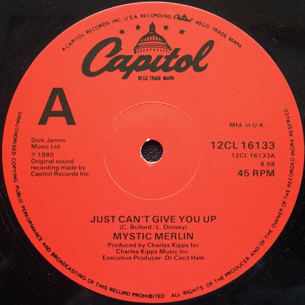 Image of Front Cover of 12" - VG/VG - MYSTIC MERLIN, Just Can't Give You Up (Capitol Records; 12CL 16133, UK 1980, Company Sleeve), Solid VG all round.,  - 3316106C