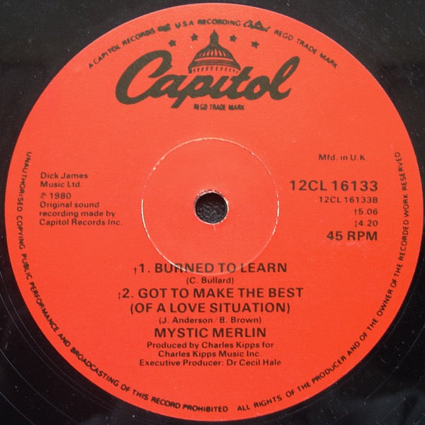 Image of Back Cover of 12" - VG/VG - MYSTIC MERLIN, Just Can't Give You Up (Capitol Records; 12CL 16133, UK 1980, Company Sleeve), Solid VG all round.,  - 3316106C