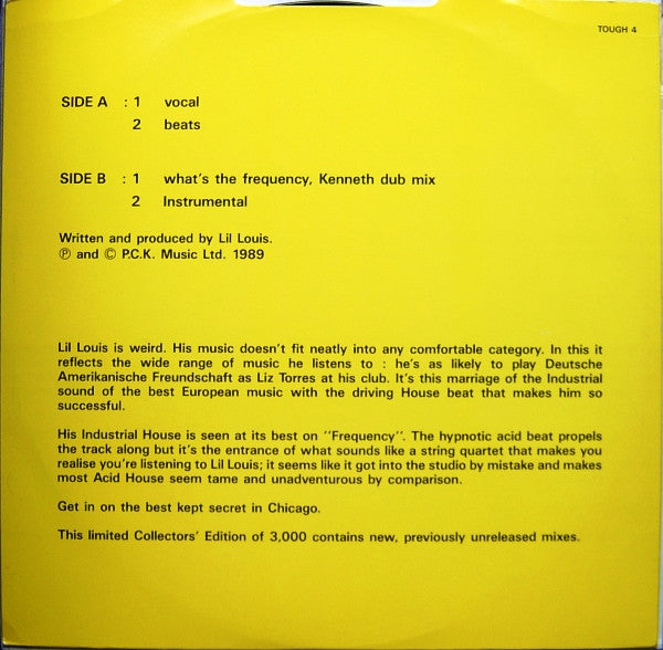 Image of Back Cover of 12" - VG/VG - LIL LOUIS, Frequency (Remix) (Rough; TOUGH 4, UK 1989), Light fog on vinyl, plays VG+,  - 3346059S