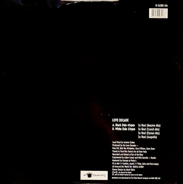 Image of Back Cover of 12" - VG/VG - LOVE DECADE, So Real (All Around The World; 12 GLOBE 106, 	UK 1991, Picture Sleeve), Fainr hairlines.,  - 3316096C