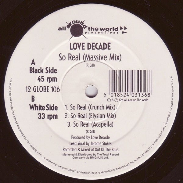 Image of Label Cover of 12" - VG/VG - LOVE DECADE, So Real (All Around The World; 12 GLOBE 106, 	UK 1991, Picture Sleeve), Fainr hairlines.,  - 3316096C