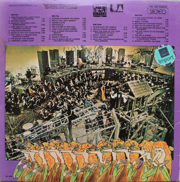 Image of Back Cover of 2xLP - VG+/VG+ - FRANK ZAPPA, 200 Motels (United Artists Records; 14C 162-92854/5, Greece 1980 Reissue, Gatefold), Tiny pressing flaw on A6, does not effect play.,  - 3316059C