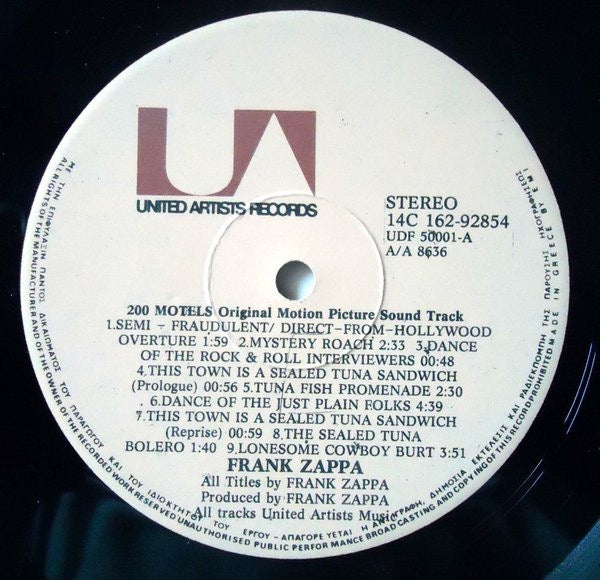 Image of Label Cover of 2xLP - VG+/VG+ - FRANK ZAPPA, 200 Motels (United Artists Records; 14C 162-92854/5, Greece 1980 Reissue, Gatefold), Tiny pressing flaw on A6, does not effect play.,  - 3316059C