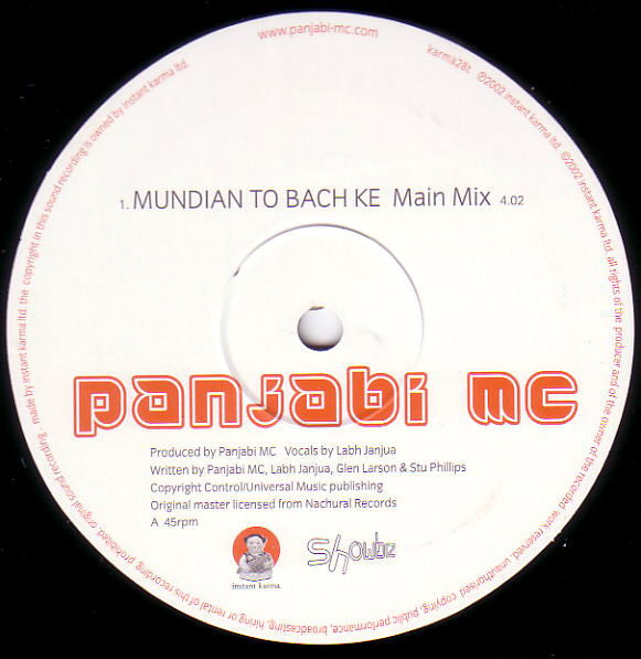 Image of Label Cover of 12" - G+/VG+ - PANJABI MC, Mundian To Bach Ke (Instant Karma; Karma28t, UK 2002), Wear to sleeve with ringwear.,  - 3346071S