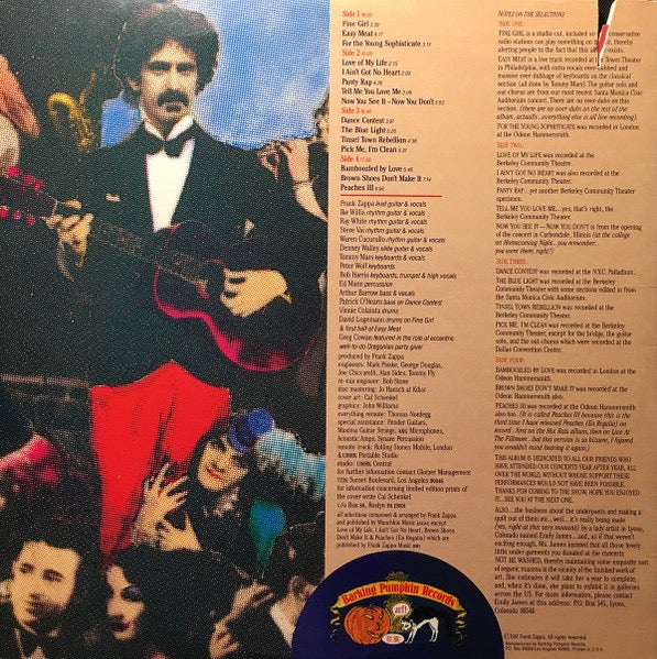 Image of Back Cover of 2xLP - VG/VG - FRANK ZAPPA, Tinsel Town Rebellion (Barking Pumpkin Records; PW2 37336, US 1981, Gatefold, 2 Inners, Santa Maria Pressing), Inners are split. Sleeve has a large cut out.,  - 3316060C