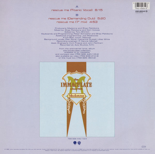 Image of Back Cover of 12" - VG/VG - MADONNA, Rescue Me (Sire; 9362-40034-0, Europe 1991, Picture Sleeve), Edge wear, light marks.,  - 3316043C