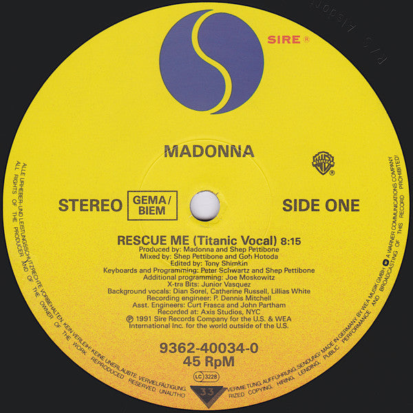 Image of Label Cover of 12" - VG/VG - MADONNA, Rescue Me (Sire; 9362-40034-0, Europe 1991, Picture Sleeve), Edge wear, light marks.,  - 3316043C