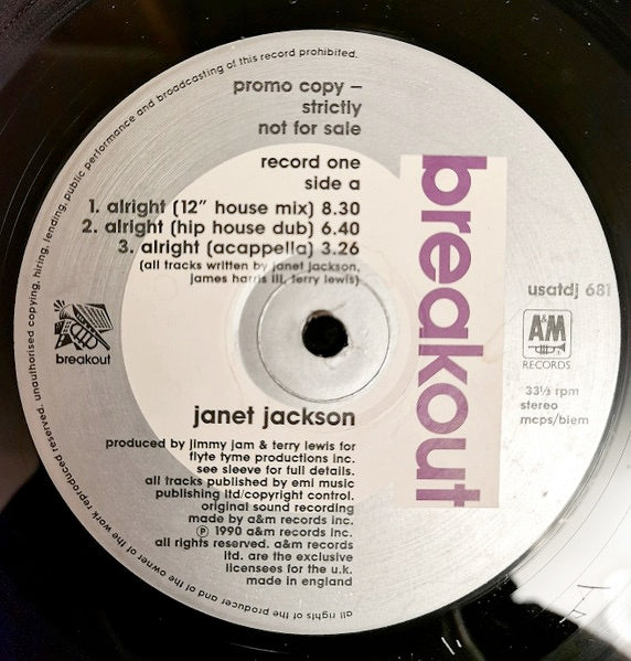 Image of Label Cover of 2x12" - VG/VG+ - JANET JACKSON, Alright / Come Back To Me (Breakout; USATDJ 681, 	UK 1990, Picture Sleeve), ,  - 3316098C