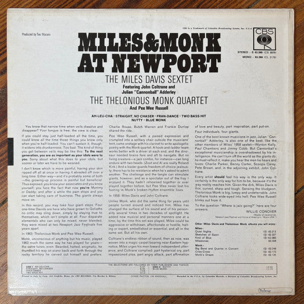 Image of Back Cover of LP - VG/VG - THE MILES DAVIS SEXTET & THE THELONIOUS MONK QUARTET, Miles & Monk At Newport (CBS; S 62389, Italy ), ,  - 3326075E