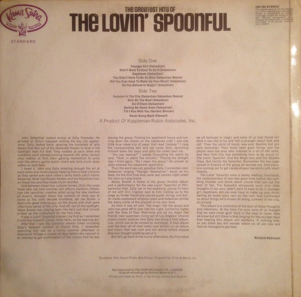 Image of Back Cover of LP - VG/VG - THE LOVIN' SPOONFUL, The Greatest Hits Of The Lovin' Spoonful (Kama Sutra Yellow Labels With Made In England & Stereo Right Aligned; 2361 002, UK 1970, Laminated Front E.J. Day Sleeve), ,  - 3316080C