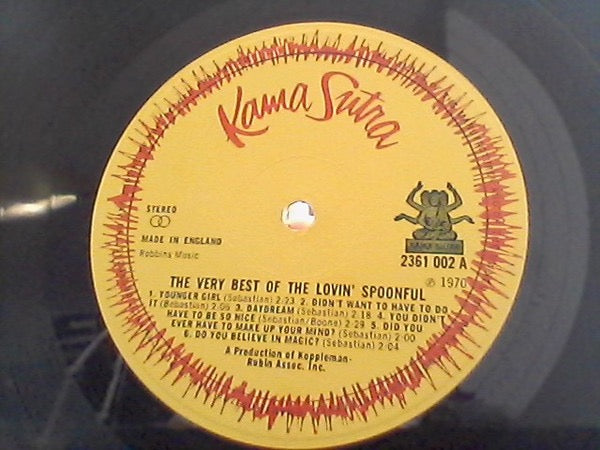 Image of Label Cover of LP - VG/VG - THE LOVIN' SPOONFUL, The Greatest Hits Of The Lovin' Spoonful (Kama Sutra Yellow Labels With Made In England & Stereo Right Aligned; 2361 002, UK 1970, Laminated Front E.J. Day Sleeve), ,  - 3316080C