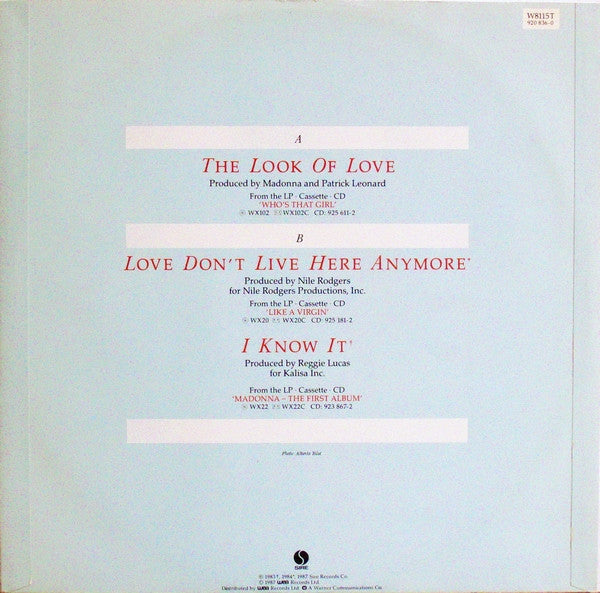 Image of Back Cover of 12" - VG/VG - MADONNA, The Look Of Love (Sire; W8115T, UK 1987, Picture Sleeve, MT DAMONT Runouts), Strong VG,  - 3316117C