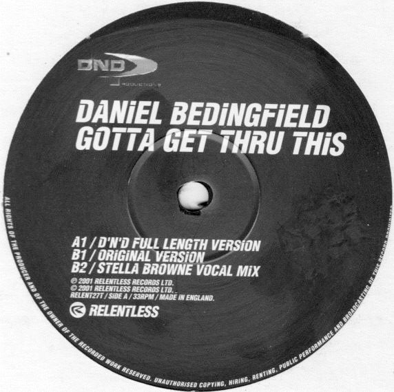 Image of Back Cover of 12" - VG+/VG+ - DANIEL BEDINGFIELD, Gotta Get Thru This (Relentless Records; RELENT27T, 	UK 2001, Picture Sleeve), ,  - 3316146C