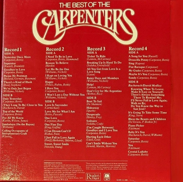 Image of Back Cover of 4xLP - VG/EX - CARPENTERS, The Best Of The Carpenters (Reader's Digest; GCAR-A-048, UK 1980, Box Set, 4 Inners & Quality Guarantee Insert), Clean and glossy discs, With insert, Light wear to box only,  - 3316084C