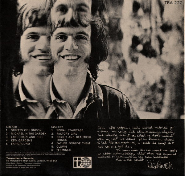 Image of Back Cover of LP - VG/VG - RALPH MCTELL, Ralph McTell Revisited (Transatlantic Records White/Purple Labels With MCPS Above Stereo; TRA 227, UK 1970, Laminated Front Sleeve), Strong VG, A few wispy hairlines, Small area of laminate bubbling,  - 3316085C