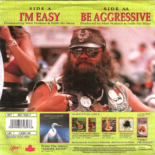 Image of Back Cover of 7" - VG+/VG - FAITH NO MORE, I'm Easy / Be Aggressive (Slash; LASH 44, UK 1992, Picture Sleeve, Translucent  Red Vinyl), ,  - 3316191C