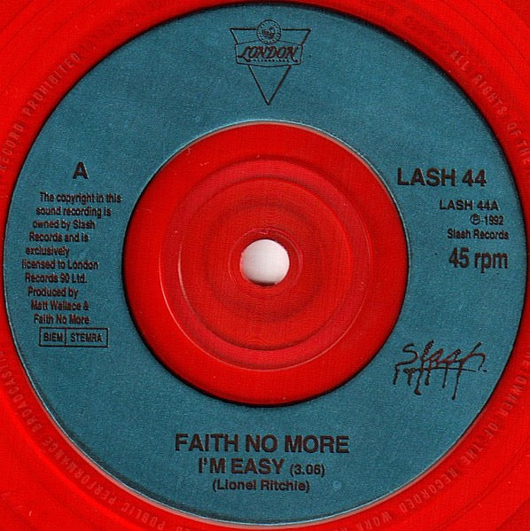 Image of Label Cover of 7" - VG+/VG - FAITH NO MORE, I'm Easy / Be Aggressive (Slash; LASH 44, UK 1992, Picture Sleeve, Translucent  Red Vinyl), ,  - 3316191C
