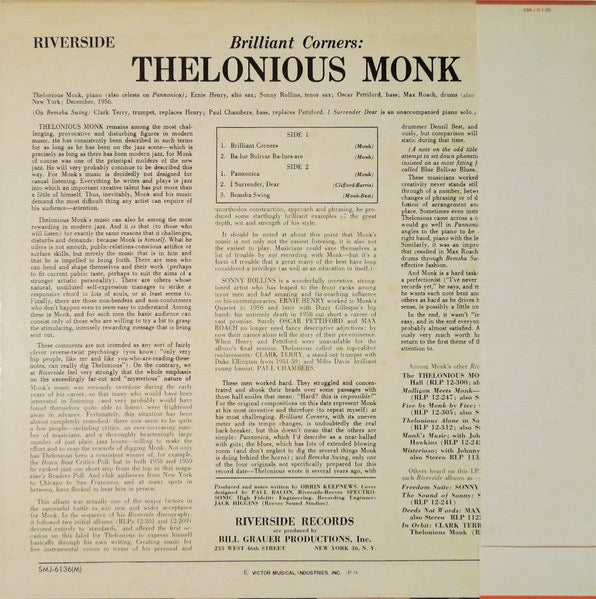 Image of Back Cover of LP - VG/VG - THELONIOUS MONK =          , Brilliant Corners =              (Riverside Records; SMJ-6136(M), Japan 1976 Reissue, Pasteback Sleeve, Insert, With Obi), Strong VG throughout. Sleeve has some edge/corner wear and a couple of sticker ghosts. Disc is clean apart from a couple of superficial hairlines. With insert and obi!,  - 3316261C