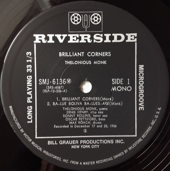 Image of Label Cover of LP - VG/VG - THELONIOUS MONK =          , Brilliant Corners =              (Riverside Records; SMJ-6136(M), Japan 1976 Reissue, Pasteback Sleeve, Insert, With Obi), Strong VG throughout. Sleeve has some edge/corner wear and a couple of sticker ghosts. Disc is clean apart from a couple of superficial hairlines. With insert and obi!,  - 3316261C