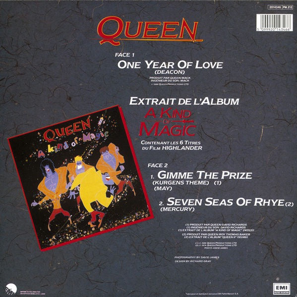 Image of Back Cover of 12" - VG/VG+ - QUEEN, One Year Of Love (EMI; 2014346, France 1986, Picture Sleeve, DMM Company Inner), Clean and glossy, The odd cosmetic hairline, Sleeve has light edge wear, Some pinches to edges and a light crease. With nice French DMM inner. ,  - 3316219C