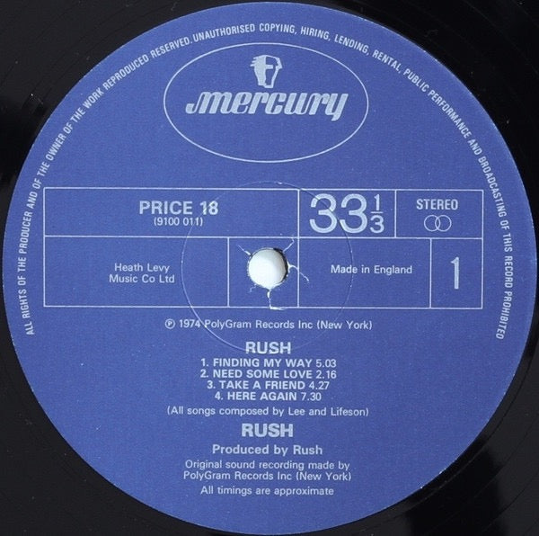 Image of Label Cover of LP - VG/VG+ - RUSH, Rush (Mercury Blue Labels With Short Rim Text Perimeter; PRICE 18, UK 1983 Reissue, Company Inner), Strong VG sleeve.,  - 3646059S