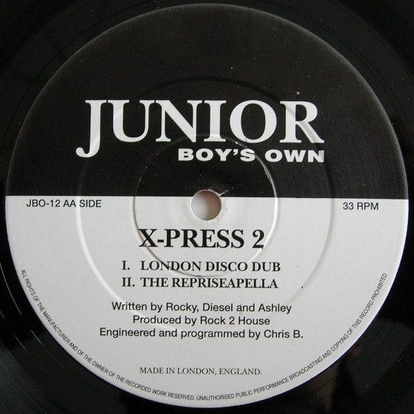 Image of Back Cover of 12" - VG/G+ - X-PRESS 2, London X-Press (Junior Boy's Own; JBO-12, UK 1993, Die Cut Company Sleeve), Disc is mildly warped, plays well but is visually noticable.,  - 3316242C