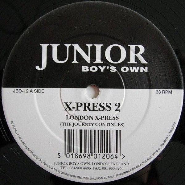 Image of Label Cover of 12" - VG/G+ - X-PRESS 2, London X-Press (Junior Boy's Own; JBO-12, UK 1993, Die Cut Company Sleeve), Disc is mildly warped, plays well but is visually noticable.,  - 3316242C