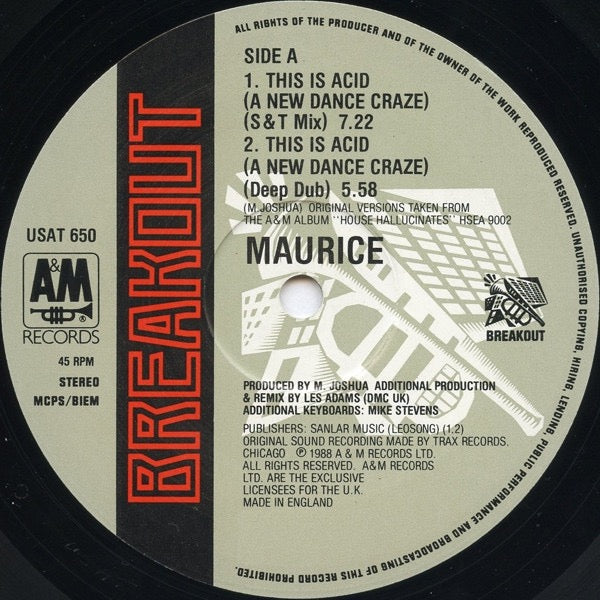 Image of Label Cover of 12" - VG/VG - MAURICE, This Is Acid (A New Dance Craze) (Breakout; USAT 650, UK 1988, Picture Sleeve), ,  - 3316251C