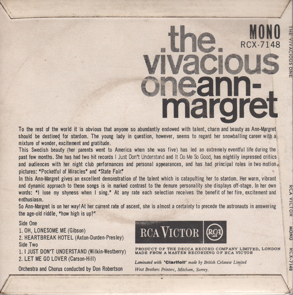 Image of Back Cover of 7" EP - VG+/VG+ - ANN-MARGRET, The Vivacious One (RCA Victor ; RCX-7148, UK 1962, Laminated Flipback Sleeve), Very Strong VG+,  - 3326183E