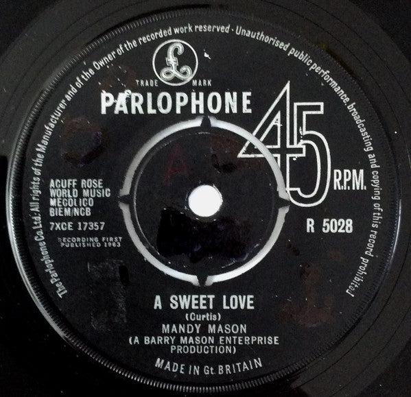 Image of Back Cover of 7" - VG+/VG+ - MANDY MASON, A Tear In My Eye / A Sweet Love (Parlophone; R 5028, UK 1963, Company Sleeve), ,  - 3326161E