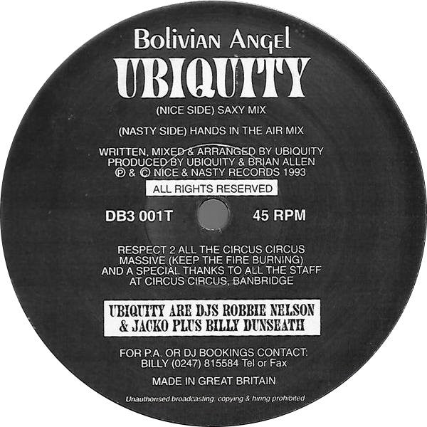 Image of Front Cover of 12" - /VG+ - UBIQUITY, Bolivian Angel (Nice & Nasty Records; DB3 001T, UK 1993, Plain Sleeve), ,  - 3326119E