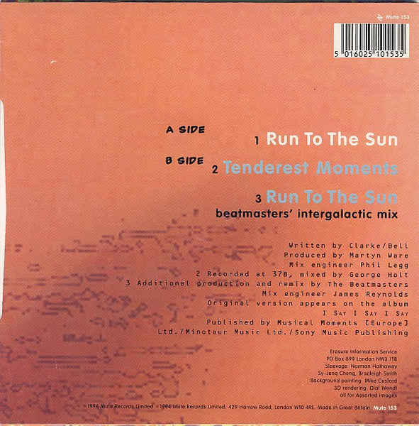 Image of Back Cover of 7" - VG/VG+ - ERASURE, Run To The Sun (Mute; Mute 153, UK 1994, Hype Stickered Sleeve, With Poster, Yellow Vinyl), Wear to sleeve opening. Nice, unused poster.,  - 3316184C