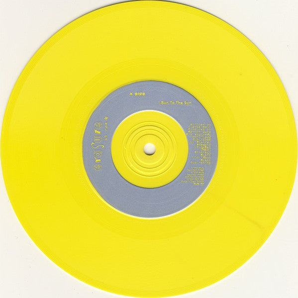 Image of Label Cover of 7" - VG/VG+ - ERASURE, Run To The Sun (Mute; Mute 153, UK 1994, Hype Stickered Sleeve, With Poster, Yellow Vinyl), Wear to sleeve opening. Nice, unused poster.,  - 3316184C