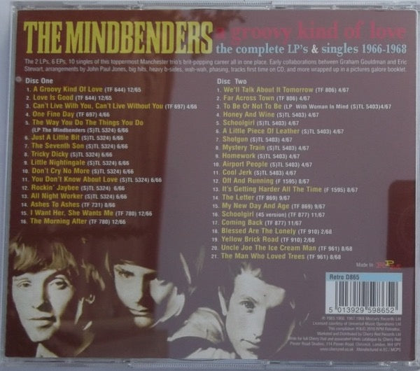 Image of Back Cover of 2xCD - VG+/VG+ - THE MINDBENDERS, A Groovy Kind Of Love - The Complete LP's & Singles 1966-1968 (RPM retrodisc; Retro D865, UK 2010, Double CD Case), ,  - 3336095E