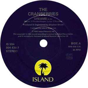 Image of Label Cover of 7" - VG/VG+ - THE CRANBERRIES, Dreams (Island Records; IS 594, UK 1994 Reissue, Picture Sleeve), Light wear to sleeve opening, cosmetic mark on side B.,  - 3316185C
