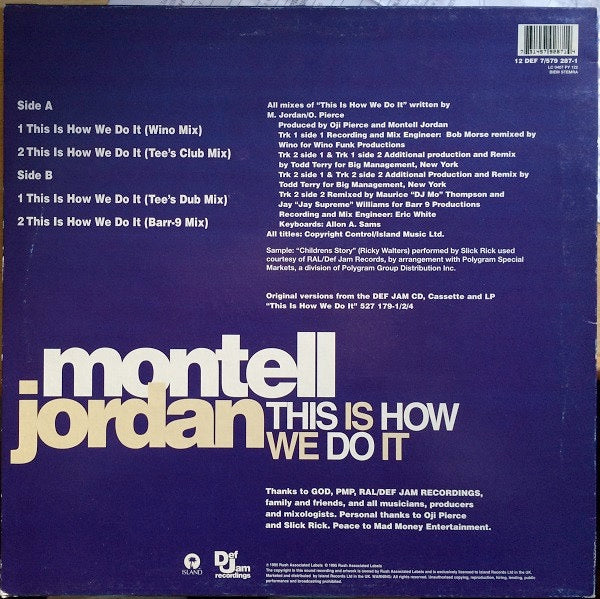 Image of Back Cover of 12" - VG/VG+ - MONTELL JORDAN, This Is How We Do It (Def Jam Recordings; 12 DEF 7, UK 1995, Picture Sleeve), ,  - 3316366C