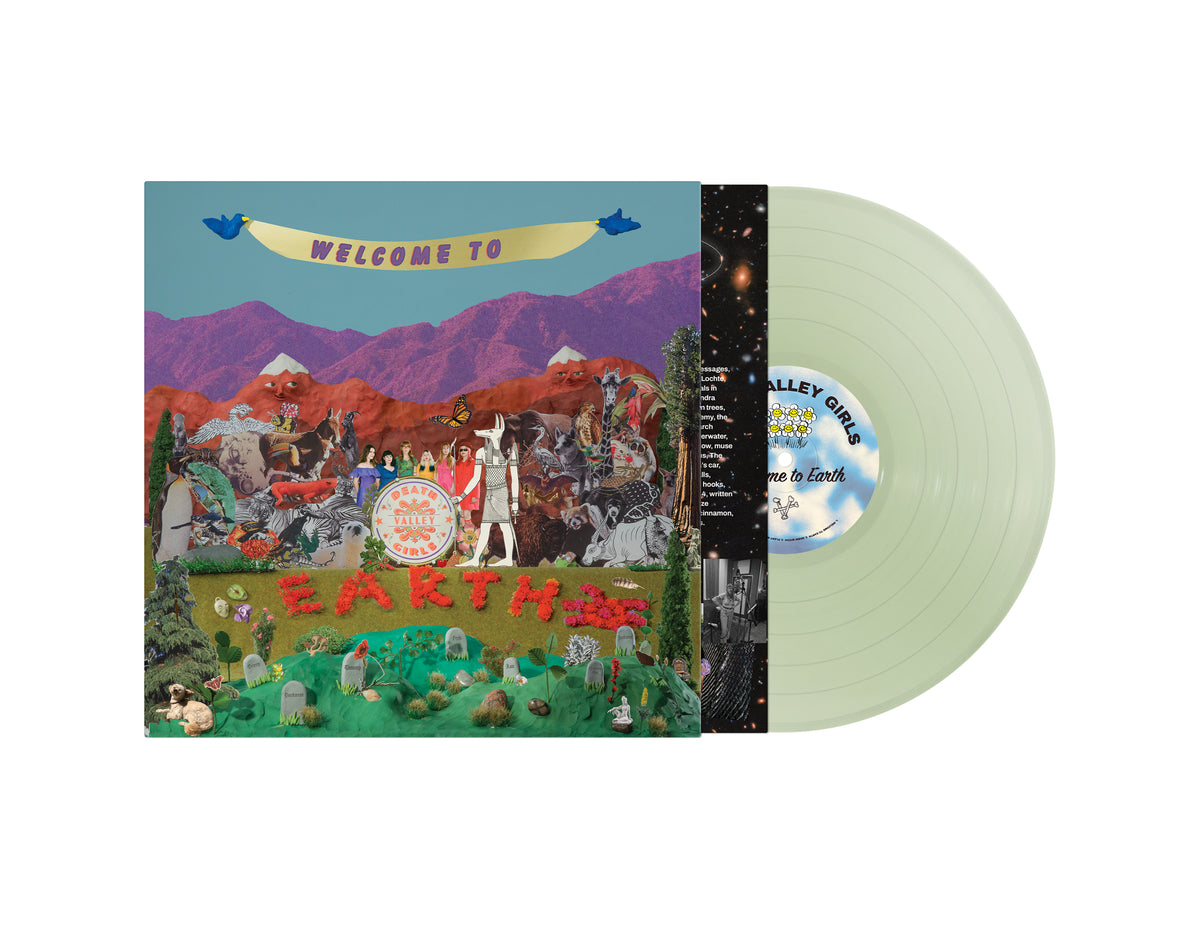 Image of Back Cover of LP - NEW/NEW - DEATH VALLEY GIRLS, Welcome to Earth (Suicide Squeeze Records; SSQ254LP-C1, UK 2026, Inner, Coke Bottle Green Vinyl), , Welcome to Earth is remarkably joyful. "Plant Magic" turns renewal into a communal celebration. "Basic Witch," featuring Seth Bogart, transforms heartbreak into hard-won self-awareness. "Message From the Venus Flower" and "I Love You" reimagine grief as evidence of an enduring connection rather than an ending. Musically, the album remains unmistakably 