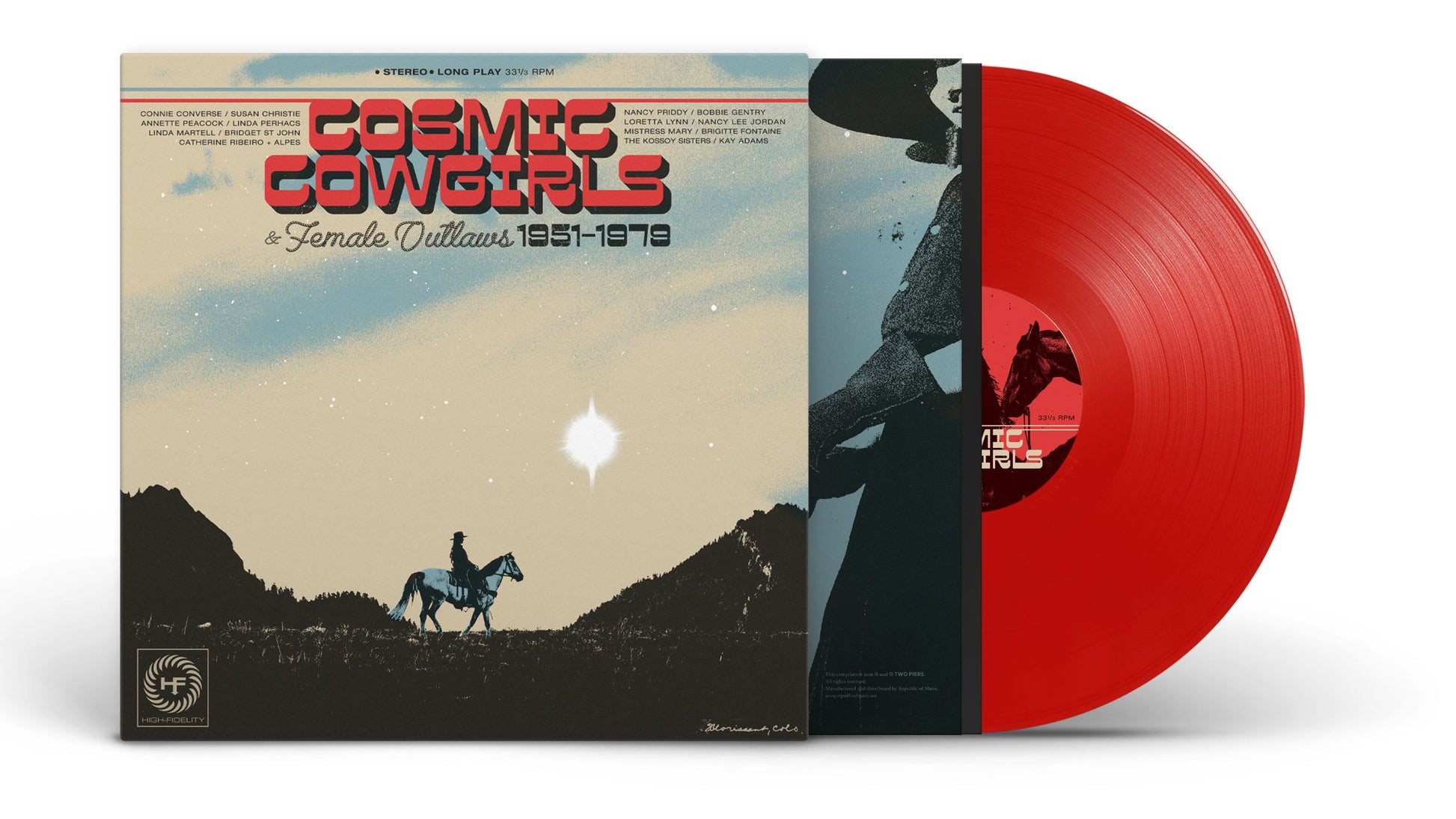 Image of Back Cover of LP - NEW/NEW - VARIOUS ARTISTS, Cosmic Cowgirls and Female Outlaws 1951-1971 (Two Piers; BN19LPX, UK 2026, Inner, Limited Red Sun Vinyl), , Two Piers team up with Hackney based Record Shop Stranger Than Paradise to bring you Cosmic Cowgirls & Female Outlaws 1951-1979, following on from Stranger Than Paradise’s infamous SEX Boutique jukebox compilation series, and is the latest essential compilation on the Brighton based label Two Piers. A  love letter to the Lone Wolf and the unapolog
