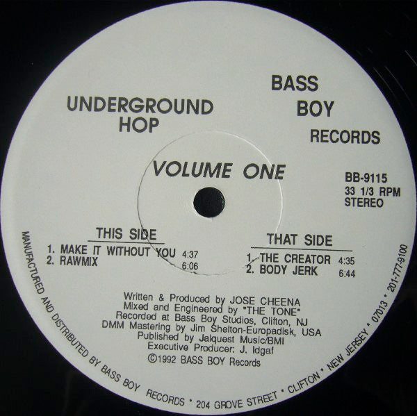 Image of Front Cover of 12" - /VG - UNDERGROUND HOP, Volume One (Bass Boy Records; BB-9115, US 1992), Only manufacutring error on B side, plays VG+. Slight damage on the B side lable too.,  - 3346181S