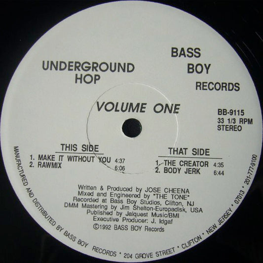 Image of Front Cover of 12" - /VG - UNDERGROUND HOP, Volume One (Bass Boy Records; BB-9115, US 1992), Only manufacutring error on B side, plays VG+. Slight damage on the B side lable too.,  - 3346181S